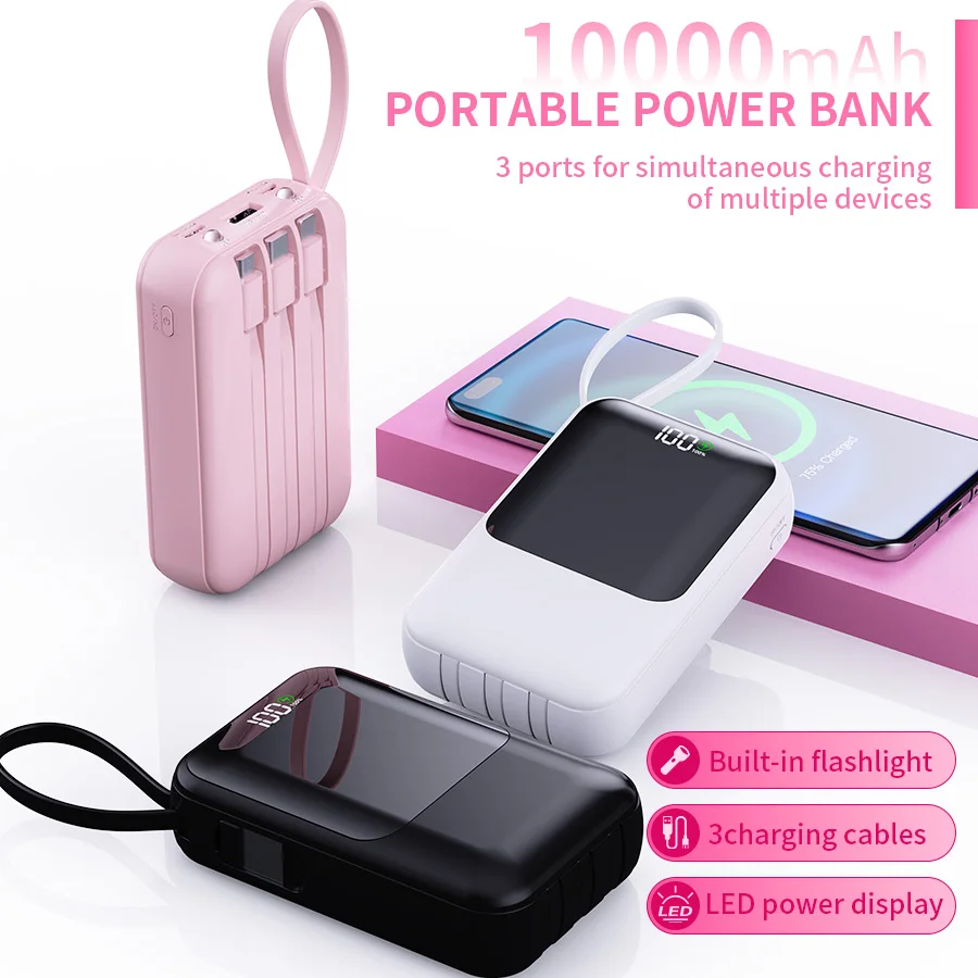 10000mAh Portable Power Bank with Built-In Cable - Image 3