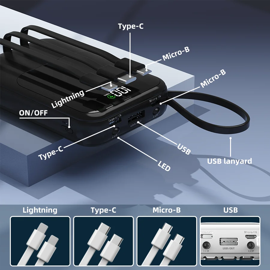 10000mAh Portable Power Bank with Built-In Cable - Image 5